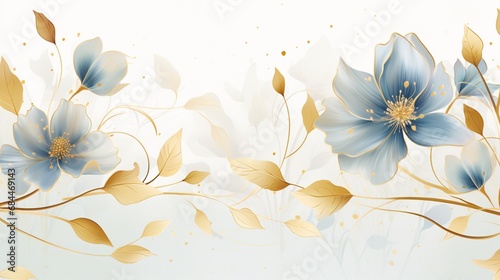  luxury minimal style wallpaper with a golden line art flower and botanical leaves, blending organic shapes and watercolor effects. The image should have a vector background suitable for banners, 