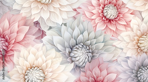 Delicate hand-drawn dahlia blossoms in soft pastel colors, creating a soothing and harmonious seamless pattern for design applications. © Naseem