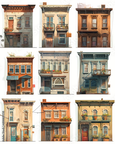 Set of buildings illustration in simple minimal cartoon style. City landscape elements, city constructor on white background, for websites, banners, covers, games