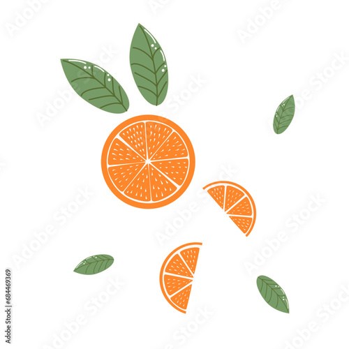 Composition of orange slices with leaves on isolated background. Vector illustration. Flat style 