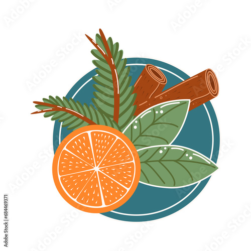 Christmas circle composition with orange slice, fir branches and cinnamon stick on isolated background. Christmas and New Year traditions concept. Vector illustration in flat style