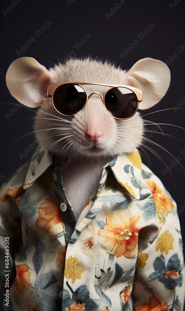 portrait of mouse dressed in trendy summer clothes. confident stylish fashion portrait of an anthropomorphic animal, posing with a charismatic human attitude
