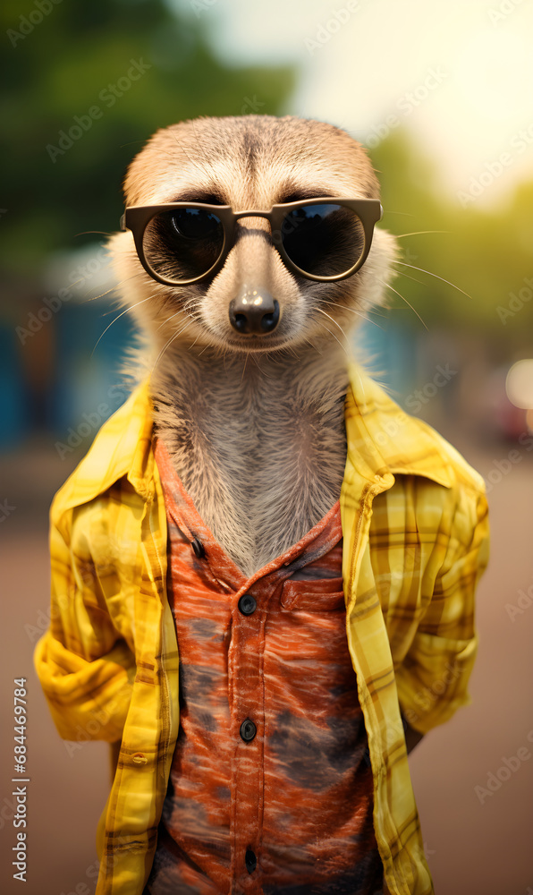 portrait of meerkat dressed in trendy summer clothes. confident stylish fashion portrait of an anthropomorphic animal, posing with a charismatic human attitude
