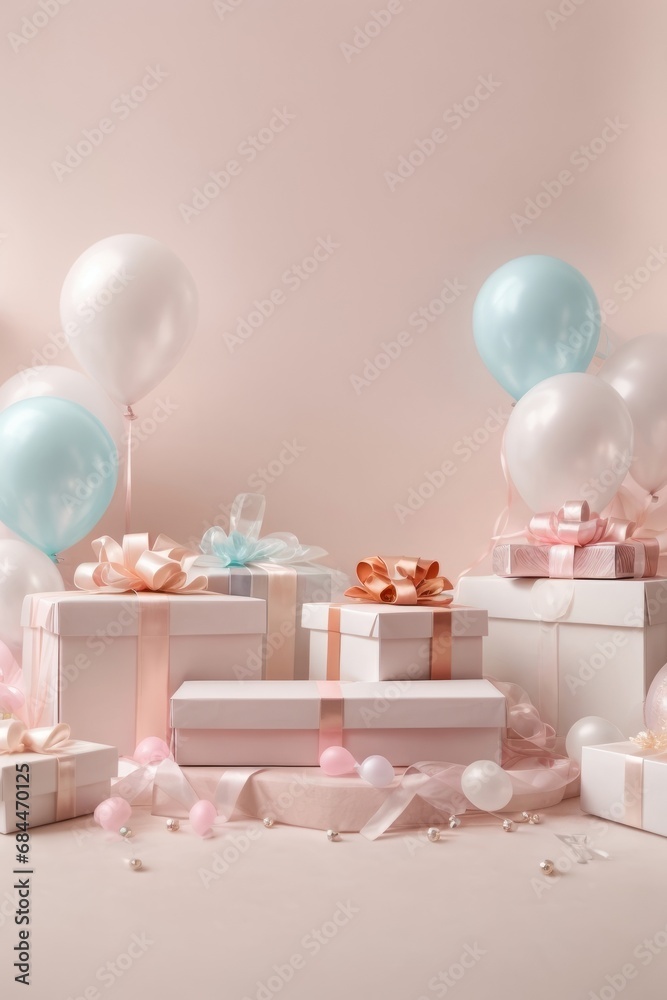 Lots of white and pink gift boxes and colorful balloons on a light background for copy space, advertising, text.