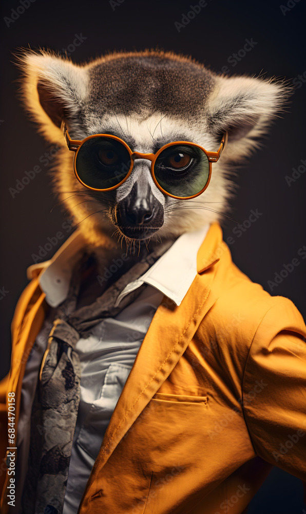 portrait of lemur dressed in trendy summer clothes. confident stylish fashion portrait of an anthropomorphic animal, posing with a charismatic human attitude portrait of lemur dressed in trendy summer clothes. confident stylish fashion portrait of an anthropomorphic animal, posing with a charismatic human attitude
