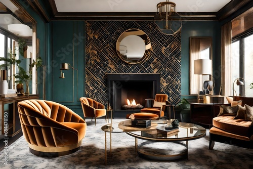 Art deco inspired living room with a geometric pattern sofa, a round velvet chair, and a vintage style fireplace