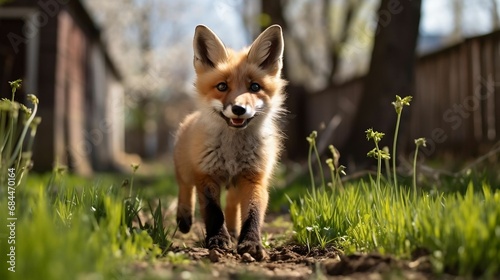 A playful fox exploring a suburban backyard 