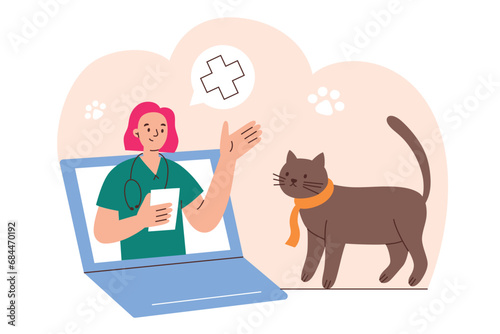 Veterinarian online consultation, internet call to vet clinic, ill cat with female doctor on screen, hand drawn composition for animal hospital, vector illustration of vet online help