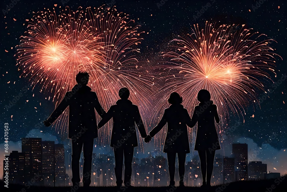 Heart-shaped fireworks display illuminating the night sky, with silhouettes of couples watching and celebrating love.