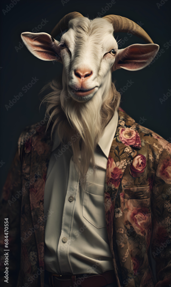 portrait of goat dressed in trendy summer clothes. confident stylish fashion portrait of an anthropomorphic animal, posing with a charismatic human attitude