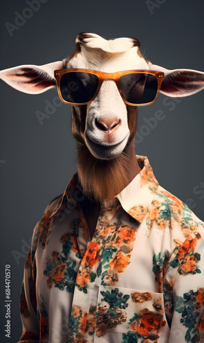 portrait of goat dressed in trendy summer clothes. confident stylish fashion portrait of an anthropomorphic animal  posing with a charismatic human attitude