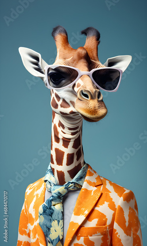 portrait of giraffe dressed in trendy summer clothes. confident stylish fashion portrait of an anthropomorphic animal  posing with a charismatic human attitude