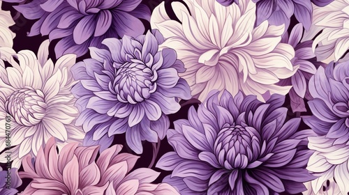 Hand-drawn dahlia blossoms in shades of purple and lavender, forming an enchanting seamless pattern reminiscent of a garden in full bloom.