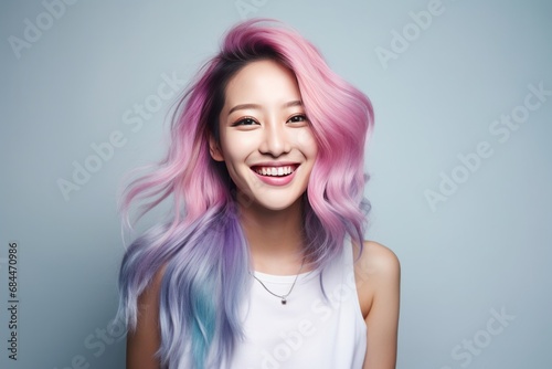 Smiling asian young woman with colorful hair studio portrait. AI generative