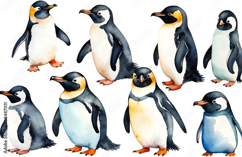 Fototapeta premium set of watercolor cute safari Penguins isolated on transparent background
