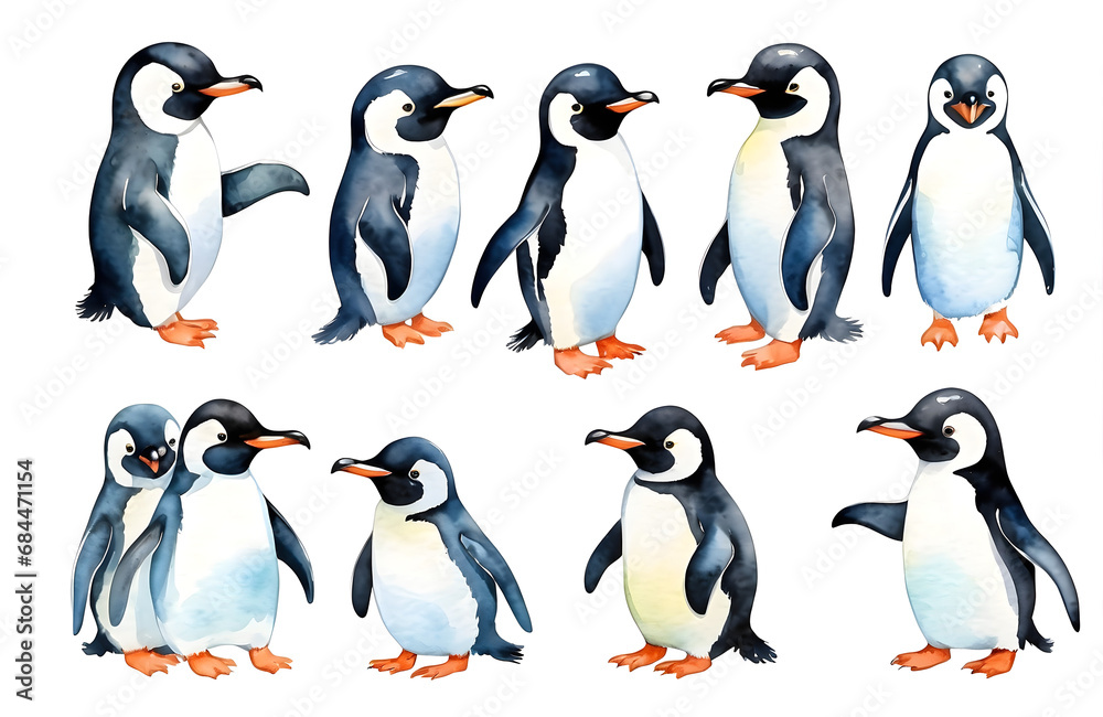 Fototapeta premium set of watercolor cute safari Penguins isolated on transparent background