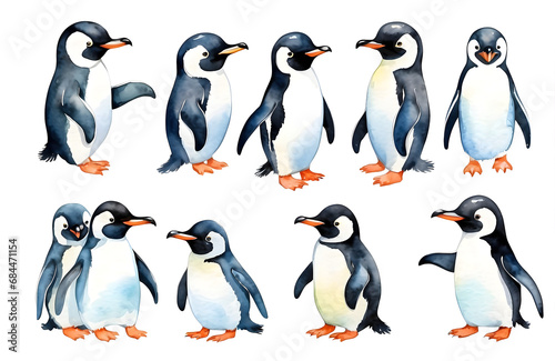 set of watercolor cute safari Penguins isolated on transparent background
