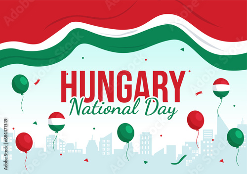 Happy Hungary National Day Vector Illustration on 15th of March with Hungary Flag in Flat Holiday Celebration Cartoon Background Design photo