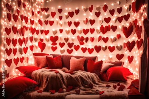 Valentinea??s Day reading nook decorated with plush red pillows, soft blankets, and surrounded by hanging paper hearts and warm, ambient lighting
