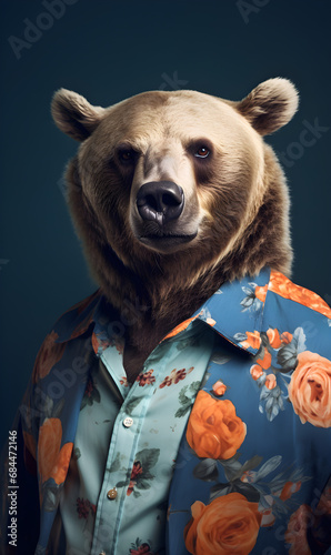 portrait of bear dressed in trendy summer clothes. confident stylish fashion portrait of an anthropomorphic animal, posing with a charismatic human attitude