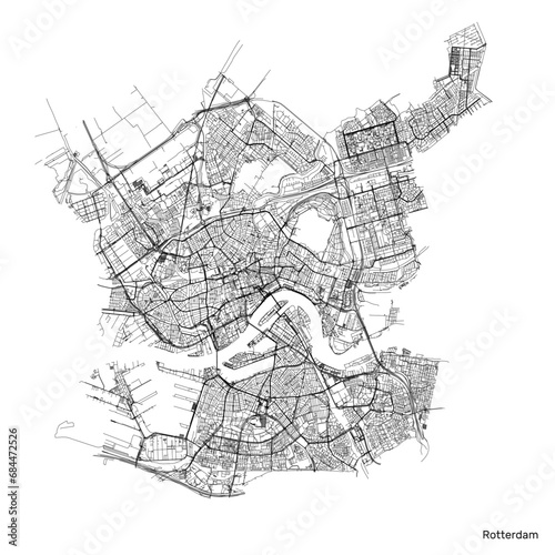 Rotterdam city map with roads and streets, Netherlands. Vector outline illustration.