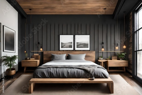 Contemporary farmhouse bedroom with a striking charcoal lining wall  bold ceiling beams  and a modern platform bed with soft  textured bedding