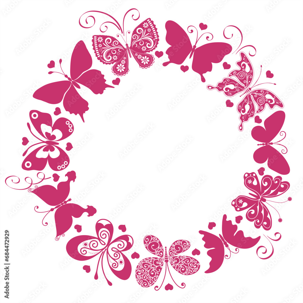 Vector valentine round frame made with rose butterflies, isolated on a transparent background, monochrome