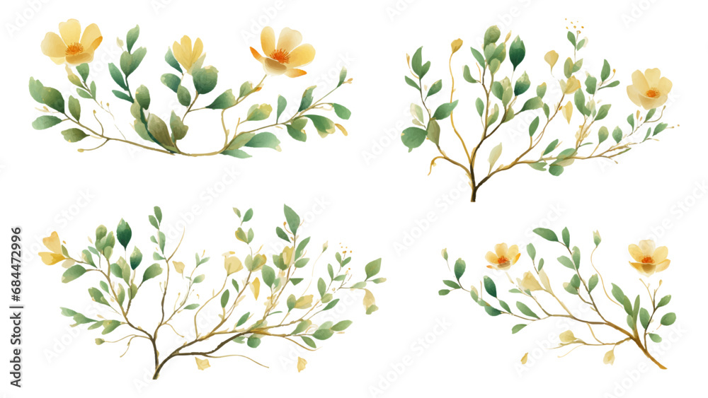 Set watercolor elements of pink roses; collection garden flowers; leaves; branches. Botanic Wedding floral design. Collection of greenery leaf plant forest herbs tropical leaves. Set watercolor elements of pink roses; collection garden flowers; leaves; branches. Botanic Wedding floral design. Collection of greenery leaf plant forest herbs tropical leaves.
