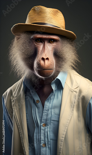 portrait of baboon dressed in trendy summer clothes. confident stylish fashion portrait of an anthropomorphic animal, posing with a charismatic human attitude photo