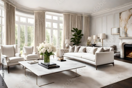 Elegant living room with a sleek white sofa, a velvet accent chair, and a marble fireplace, illuminated by natural light.