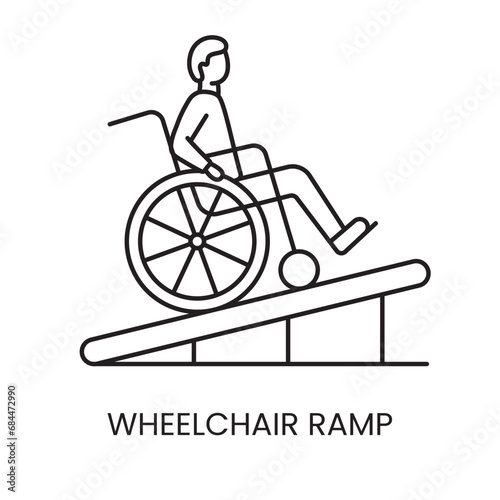 People with disabilities, wheelchair on ramp line icon vector
