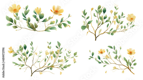 Set watercolor elements of pink roses  collection garden flowers  leaves  branches. Botanic Wedding floral design. Collection of greenery leaf plant forest herbs tropical leaves.