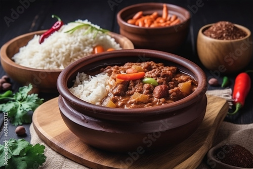 Indonesian food homemade chili with beans and rice photo