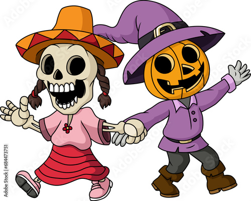 Cute halloween pumpkin and skeleton cartoon