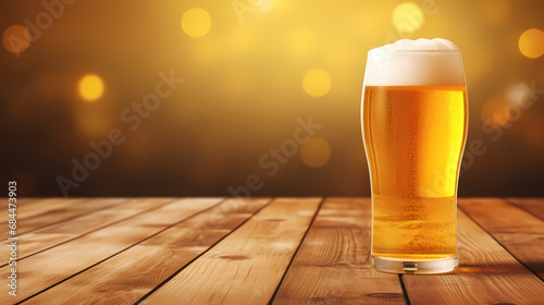  Fresh cold beer on wooden floor on gold background,PPT background 