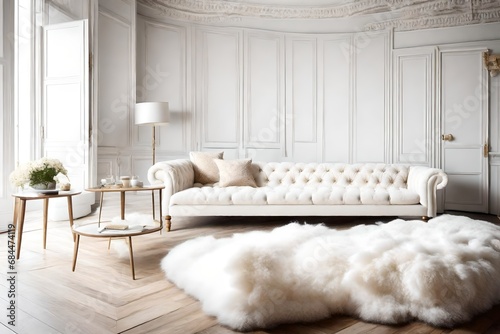 Elegant living space with a classic, tufted sofa, stylish pillows against a plain wall for copy, and a white, fluffy sheepskin throw for a sophisticated look