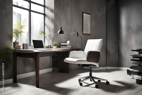 Contemporary office space featuring an ergonomic white chair, a dark wooden drawer desk, ample natural light from a window, against a textured grey wall © Muhammad