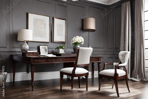Elegant office area with a luxurious white tufted chair, a classic mahogany drawer desk, next to a window with roman shades, against a dove grey wall © Muhammad