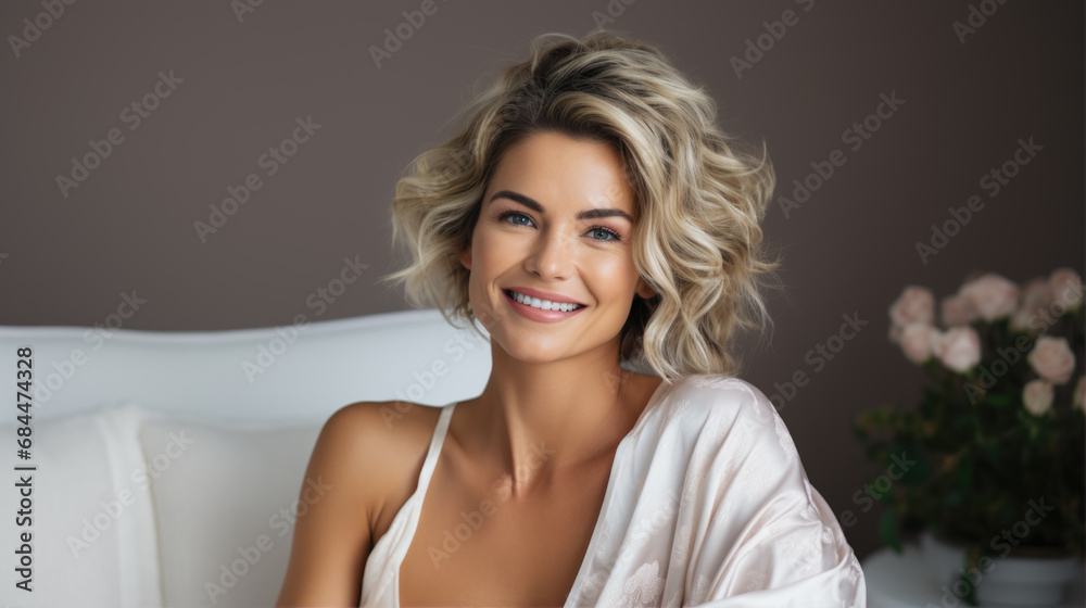 Naklejka premium An attractive blonde woman sitting at a sofa with a smile on her face enjoying a moment of happiness