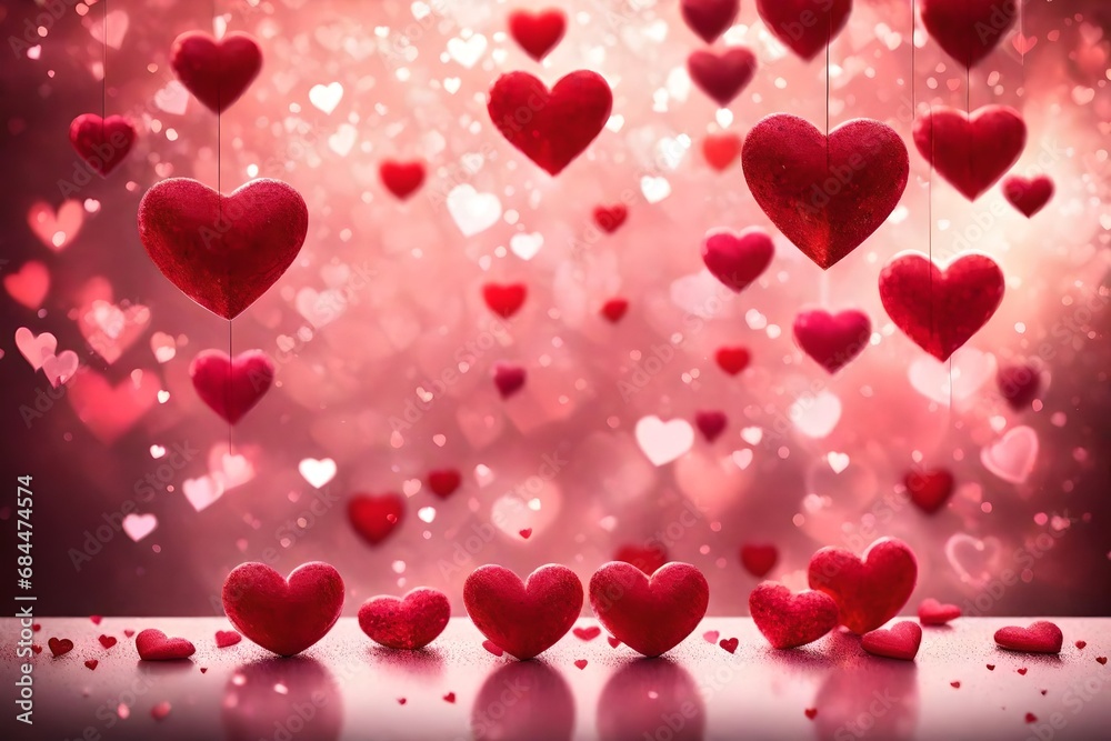 Elegant Valentine's background with 3D red and pink hearts floating over a shimmering, bokeh light background, creating a luxurious and glamorous love atmosphere