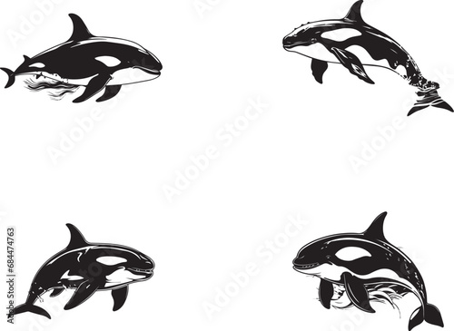 Set of silhouettes sperm whale on a white background.