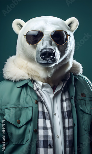 portrait of polar bear dressed in trendy urban clothes, confident. Fashion portrait of an anthropomorphic animal, posing with a charismatic human attitude © sam