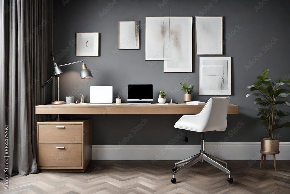 Minimalist home office design with a white swivel chair, a light oak drawer writing desk, placed near a window with sheer curtains, against a matte grey wall Minimalist home office design with a white swivel chair, a light oak drawer writing desk, placed near a window with sheer curtains, against a matte grey wall