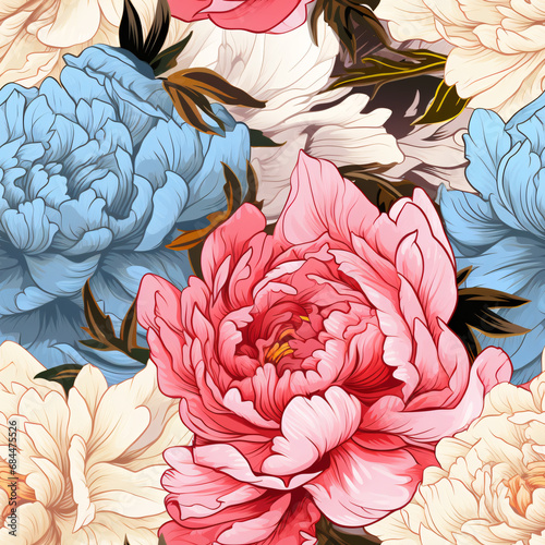 Peony seamless pattern, tileable floral illustration