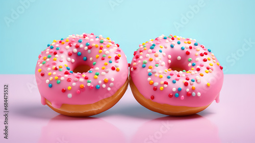 Delicious donuts on light pastel color background, National Donut Day concept. Generative Ai