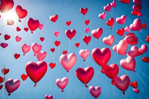 Heart-shaped balloons in various shades of pink and red floating against a clear blue sky  symbolizing love and freedom