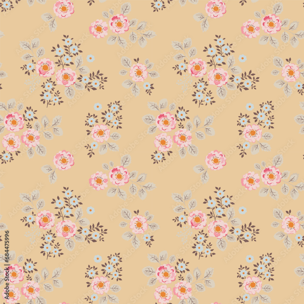Seamless vector pattern with a bouquet of bright flowers in vintage style on a beige background. Pale pink roses and blue flowers.