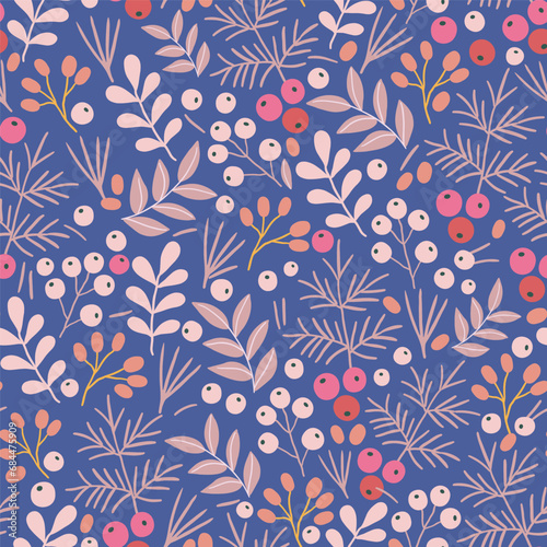 Vector seamless pattern with pink flowers and cranberry berries on a blue background.