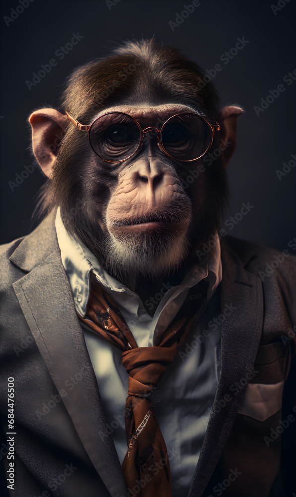 portrait of monkey dressed in trendy urban clothes, confident. Fashion portrait of an anthropomorphic animal, posing with a charismatic human attitude portrait of monkey dressed in trendy urban clothes, confident. Fashion portrait of an anthropomorphic animal, posing with a charismatic human attitude