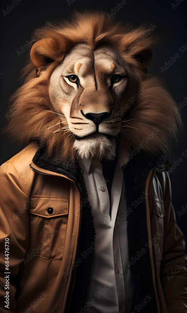 portrait of lion dressed in trendy urban clothes, confident. Fashion portrait of an anthropomorphic animal, posing with a charismatic human attitude portrait of lion dressed in trendy urban clothes, confident. Fashion portrait of an anthropomorphic animal, posing with a charismatic human attitude